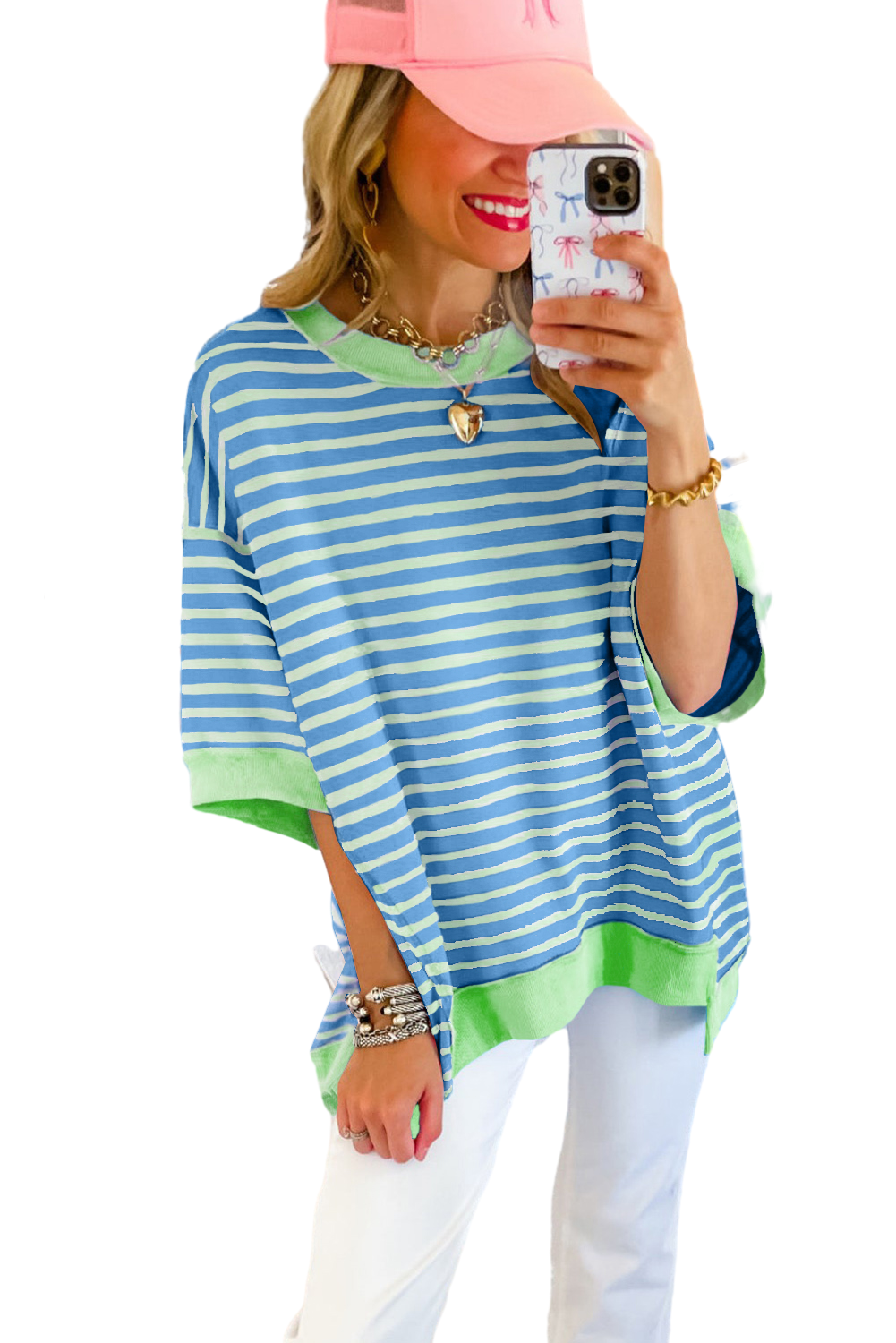 Pink Stripe Colorblock Drop Sleeve Oversized T Shirt