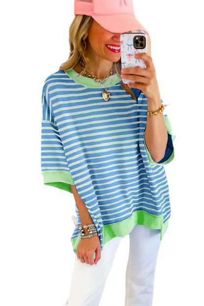 Pink Stripe Colorblock Drop Sleeve Oversized T Shirt