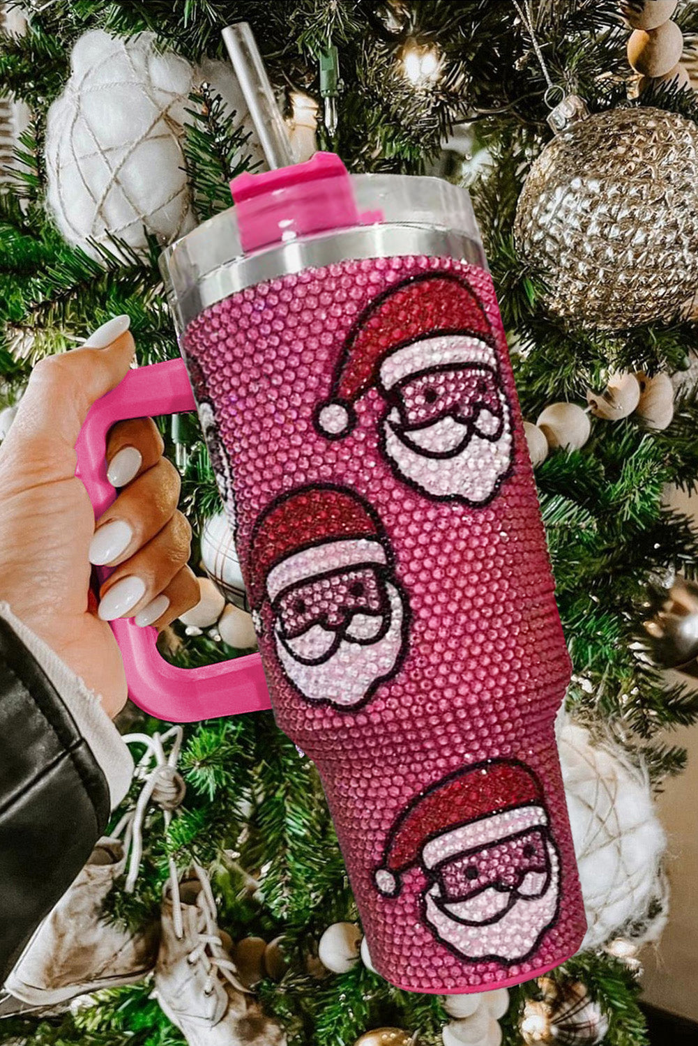 Rose Red Christmas Santa Printed Diamond Water Cup