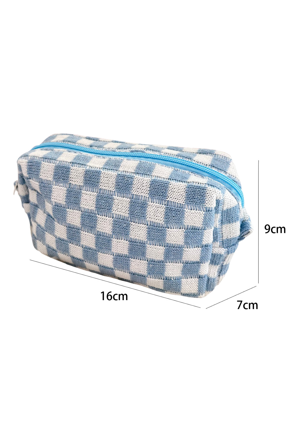 Sky Blue Checkered Knitted Zipper Makeup Bag