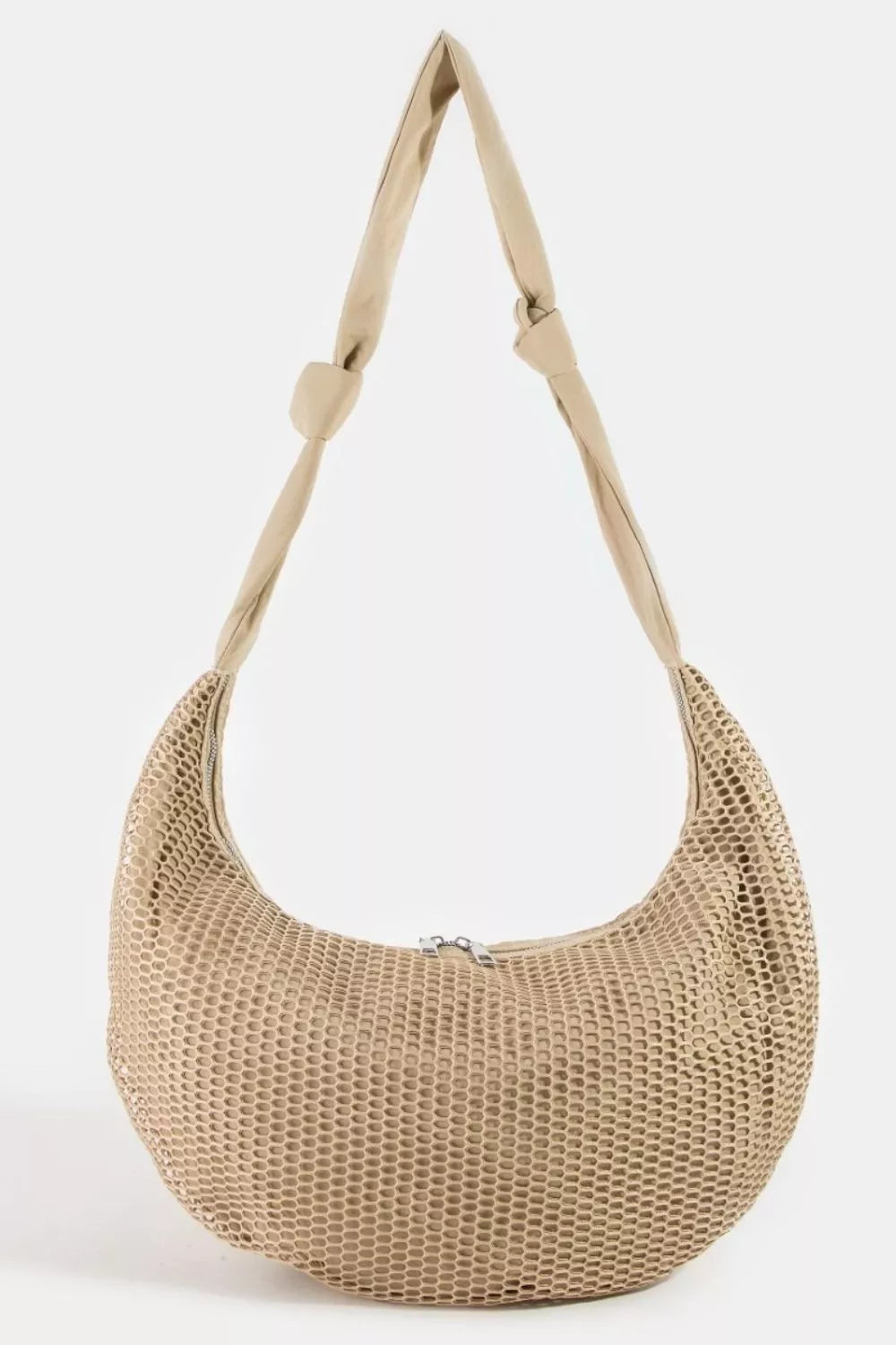 Khaki textured mesh small purse with knot strap detail