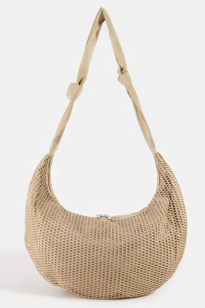 Khaki textured mesh small purse with knot strap detail