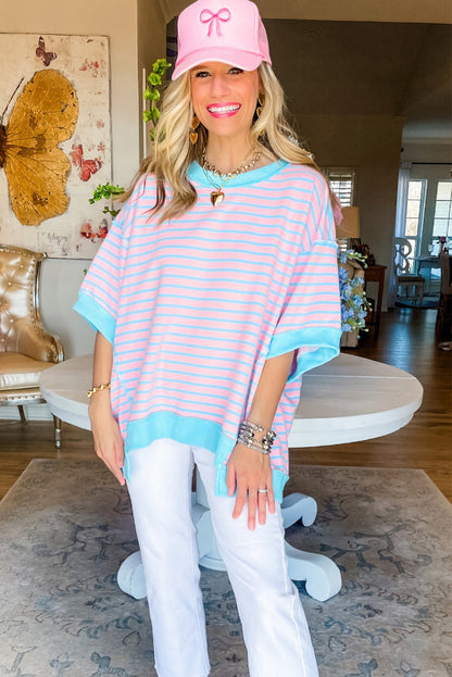 Pink Stripe Colorblock Drop Sleeve Oversized T Shirt