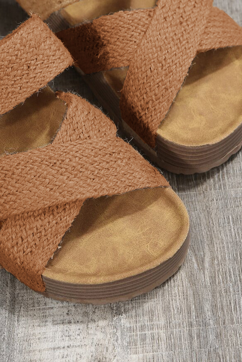 Beige Woven Criss Cross Strap Platform Slides Shoes