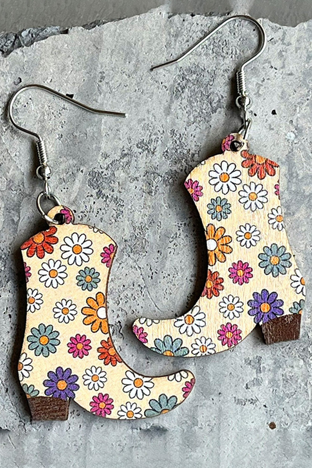 Multicolor 60s Floral Print Wooded Boots Earrings