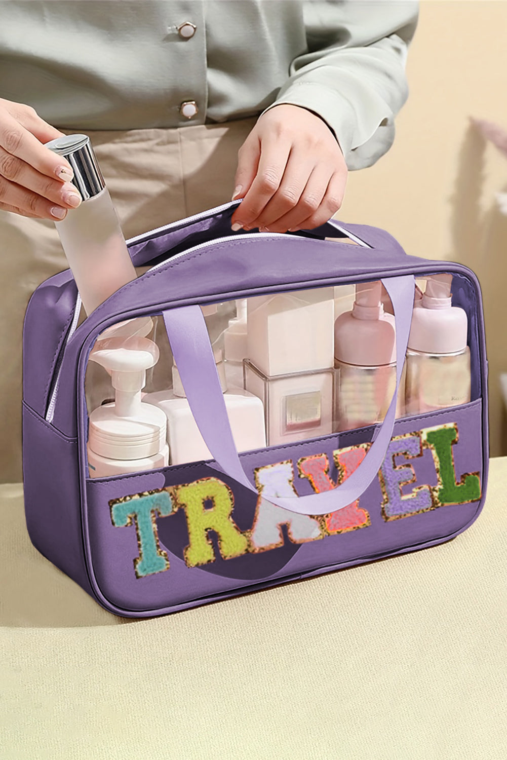 Parchment TRAVEL Letter Print Clear PVC Makeup Bag