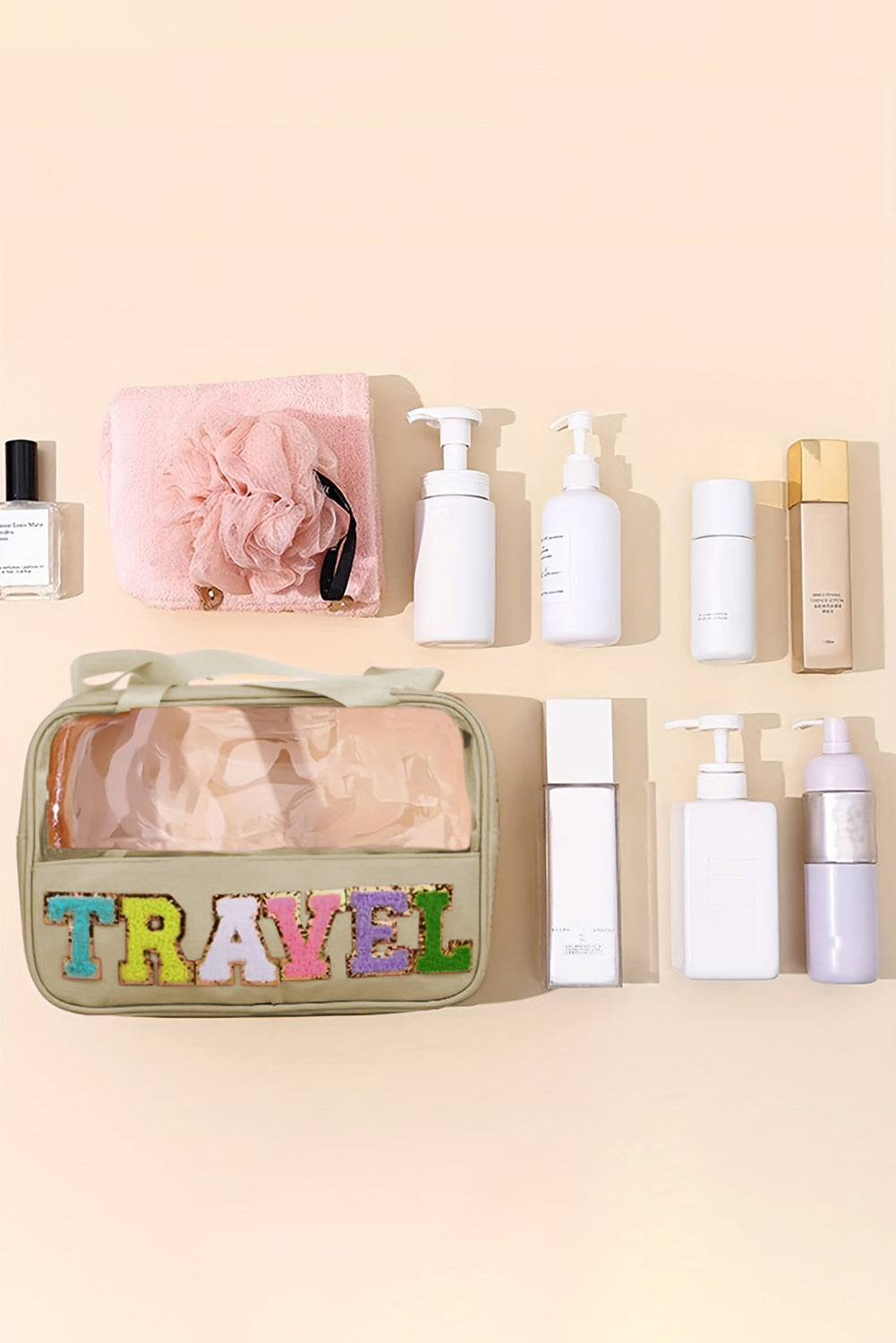 Parchment TRAVEL Letter Print Clear PVC Makeup Bag