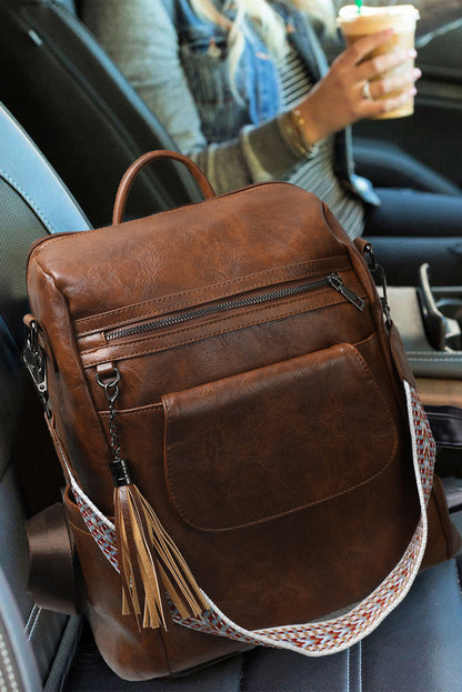 Brown Tassel Decor Retro PU Large Capacity Backpack