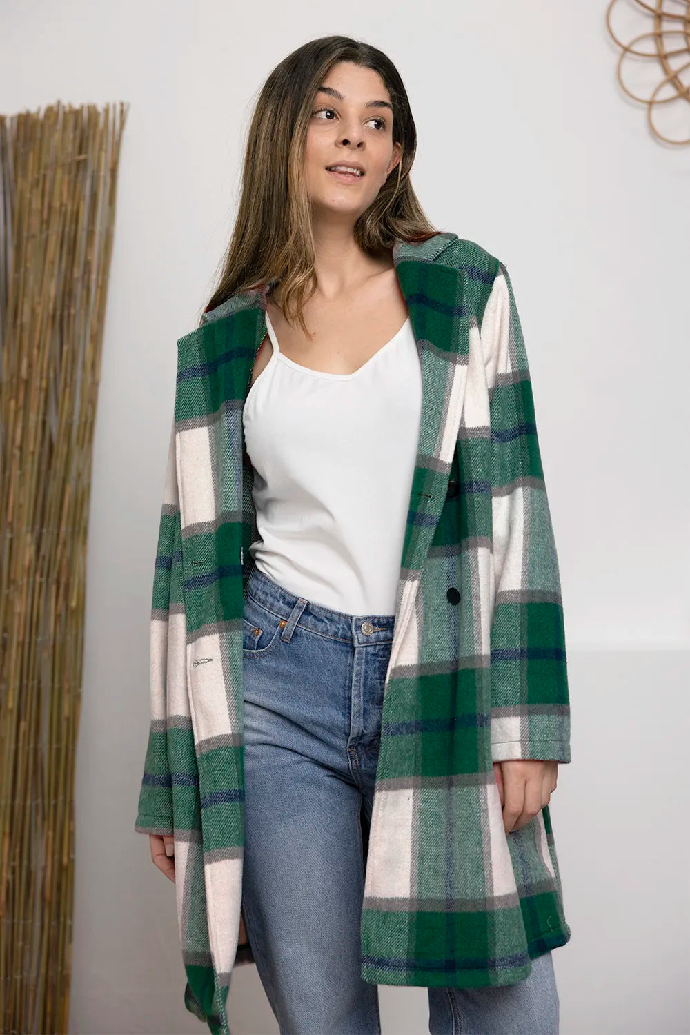 Longline pink plaid button up coat for women