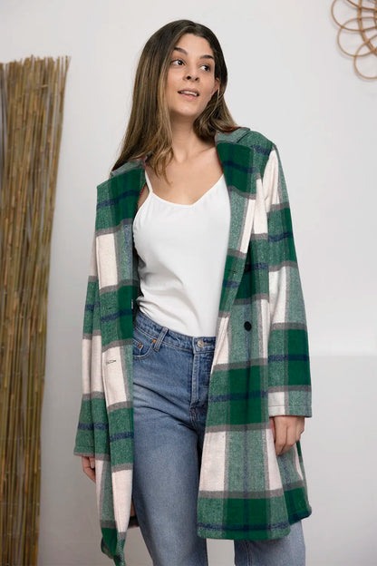 Longline pink plaid button up coat for women