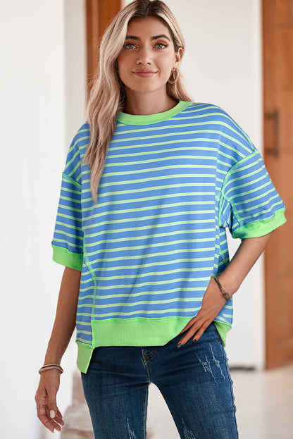 Pink Stripe Colorblock Drop Sleeve Oversized T Shirt