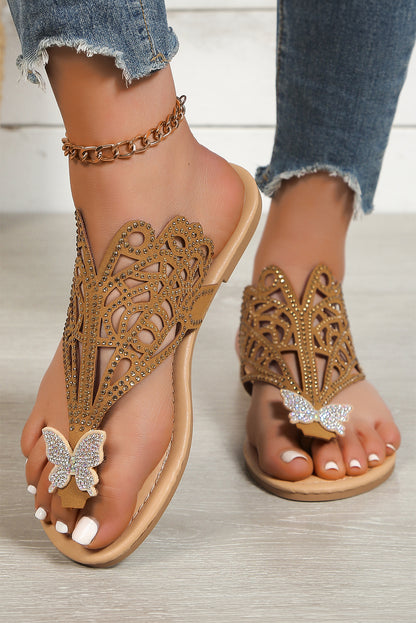 Black Rhinestone Butterfly Shape Flat Flip Flops