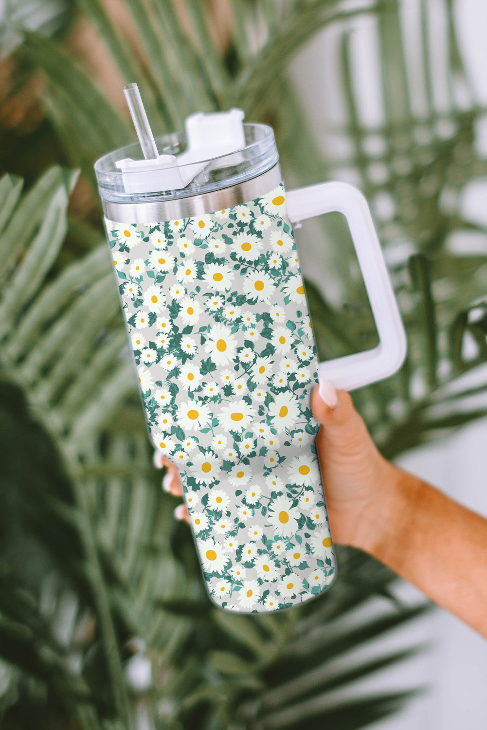 Mint Green Daisy Print Handled Stainless Steel Vacuum Cup