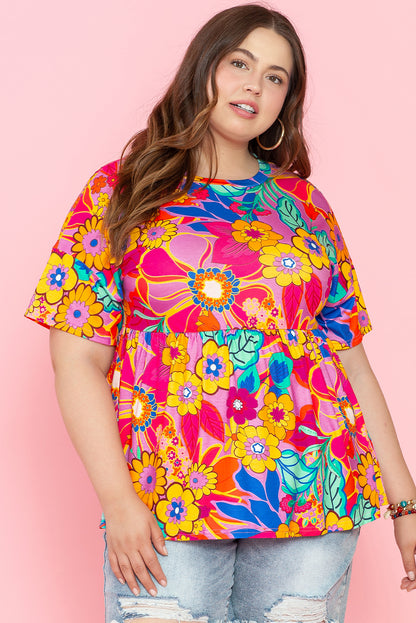 Pink Boho Floral Print Plus Size Babydoll Blouse