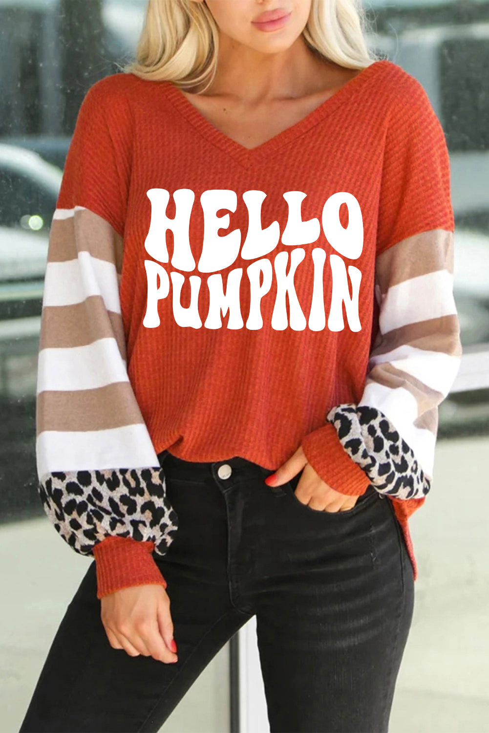 Red Hello Pumpkin Graphic Leopard Striped Colorblock Sleeve Sweatshirt