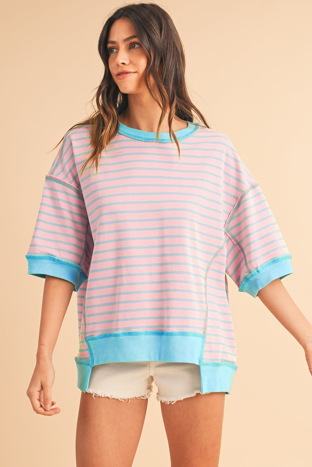 Pink Stripe Colorblock Drop Sleeve Oversized T Shirt