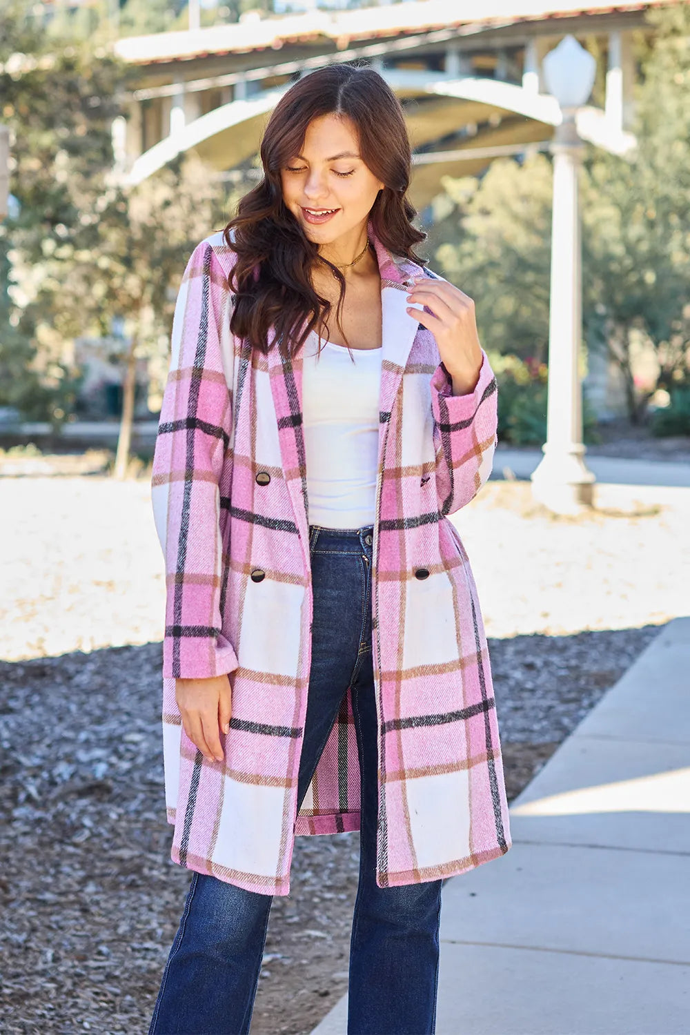 Longline pink plaid button up coat for women