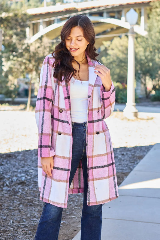 Longline pink plaid button up coat for women