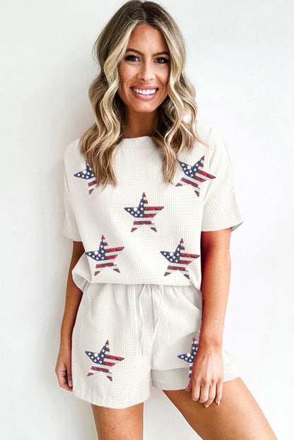 White Waffle Sequin American Flag Star Graphic Shorts Set