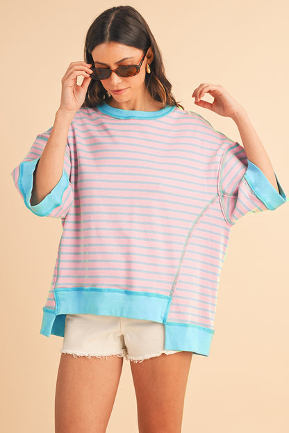 Pink Stripe Colorblock Drop Sleeve Oversized T Shirt