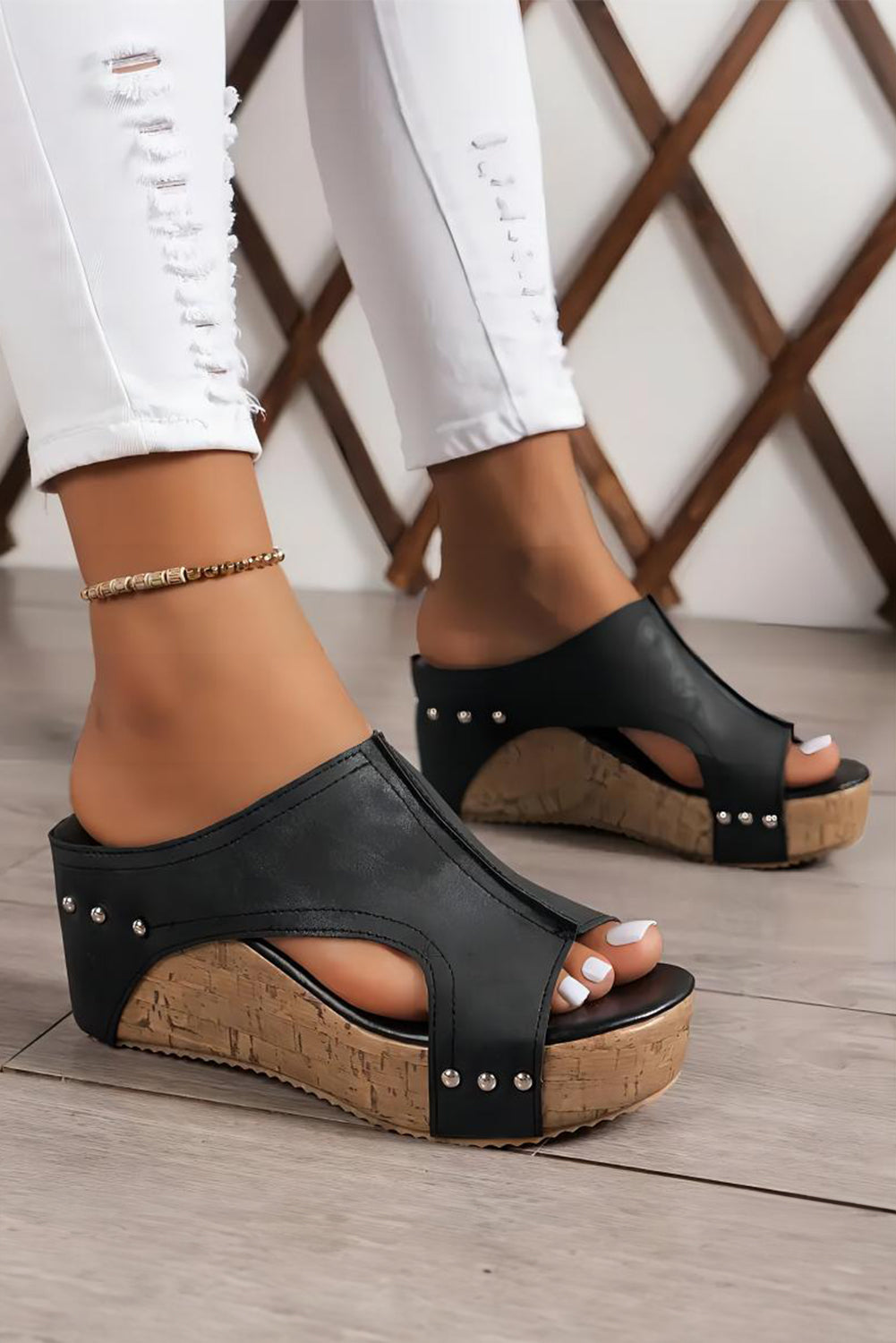 Gray Hollow Out Studded PU Leather Wedge Slides Shoes