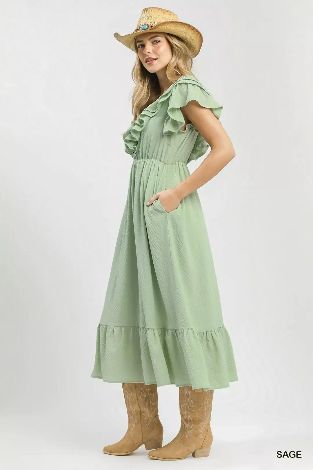 sage Green Umgee Textured Ruffle Midi Dress side View