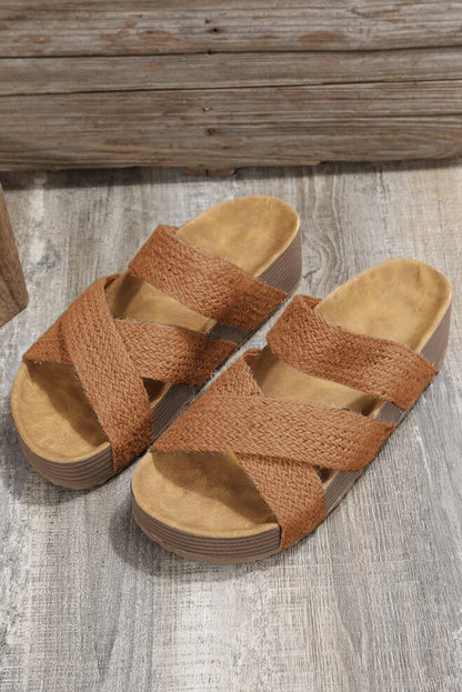 Beige Woven Criss Cross Strap Platform Slides Shoes