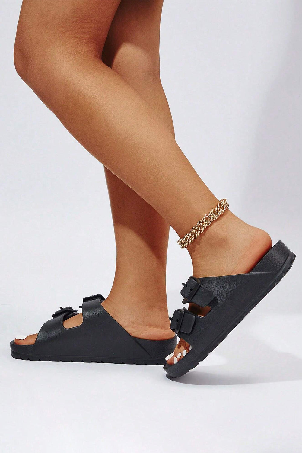 Black Solid Color Buckle Straps Beach Slides Shoes