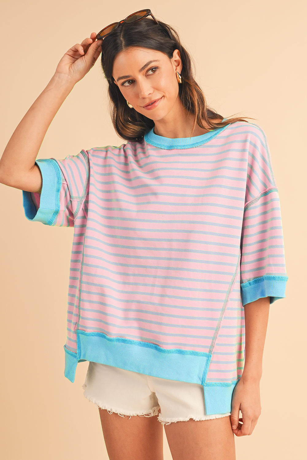 Pink Stripe Colorblock Drop Sleeve Oversized T Shirt