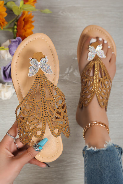 Black Rhinestone Butterfly Shape Flat Flip Flops