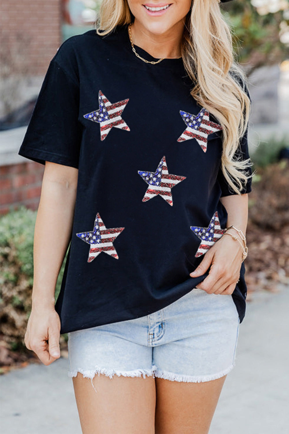 White Sequin American Flag Star Graphic T Shirt