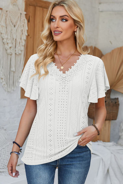 White Solid Color V Neck Ruffle Sleeve Loose T Shirt