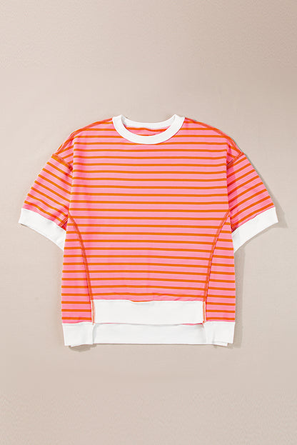 Pink Stripe Colorblock Drop Sleeve Oversized T Shirt