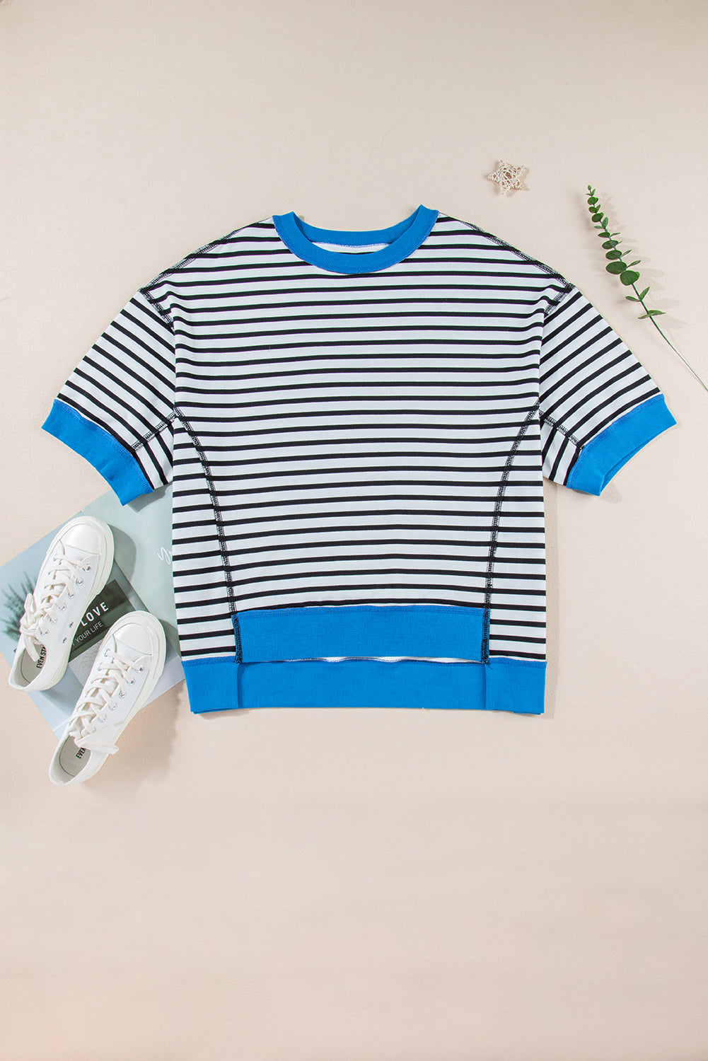 Pink Stripe Colorblock Drop Sleeve Oversized T Shirt