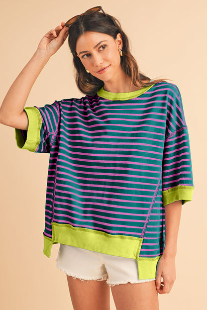 Pink Stripe Colorblock Drop Sleeve Oversized T Shirt