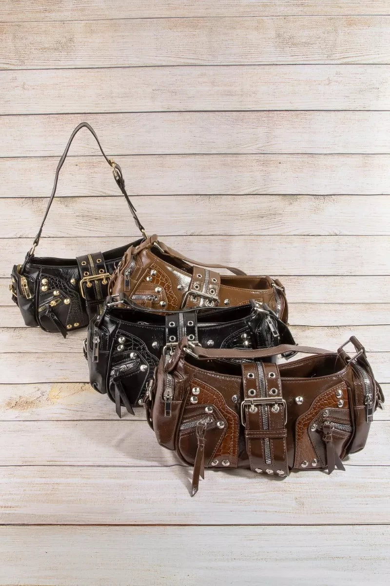 Main Image: Fame Rivet Detail Leather Shoulder Bag in Black - Front View