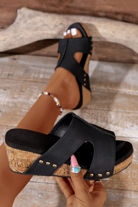 Black Cut Out Rivet Slip-on Wedge Slides Shoes