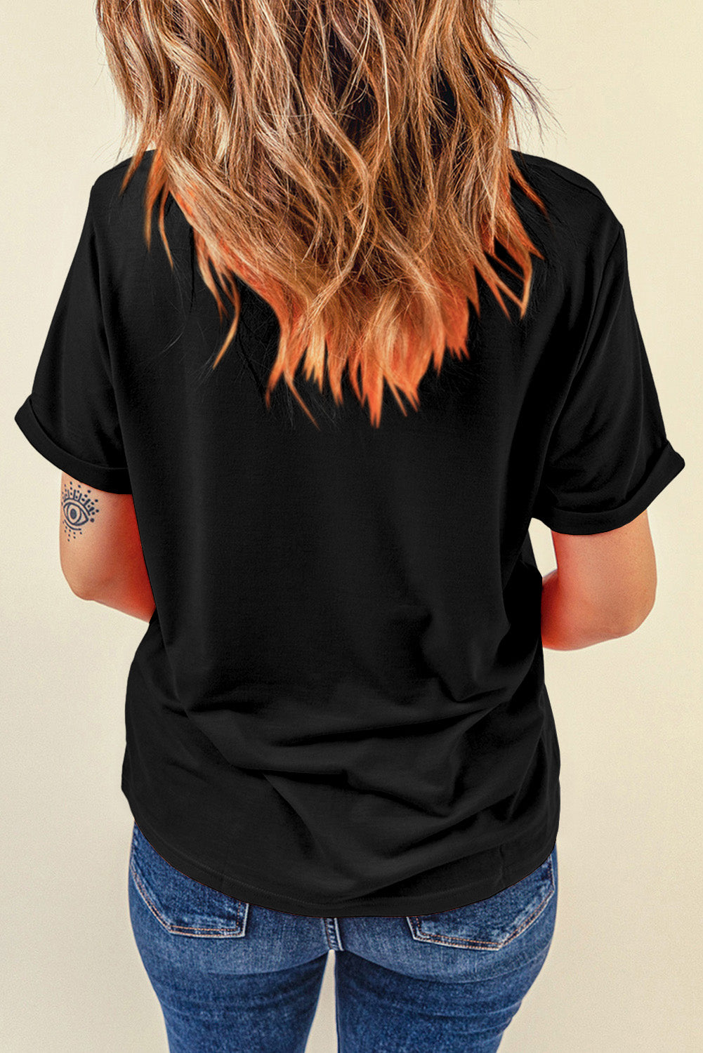 Black Sequined Flag Bowknot Graphic Roll Up Sleeve T Shirt