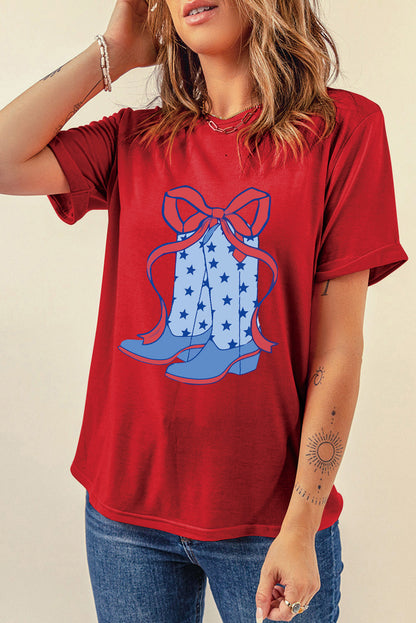 Red Star Boots Bow Knot Graphic Crew Neck T Shirt