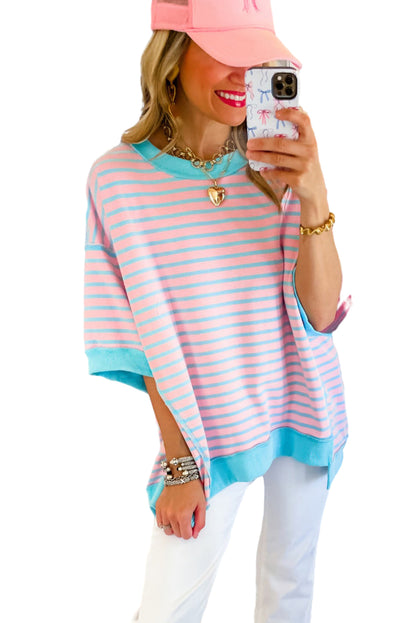 Pink Stripe Colorblock Drop Sleeve Oversized T Shirt