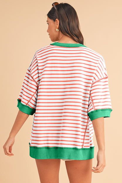 Pink Stripe Colorblock Drop Sleeve Oversized T Shirt