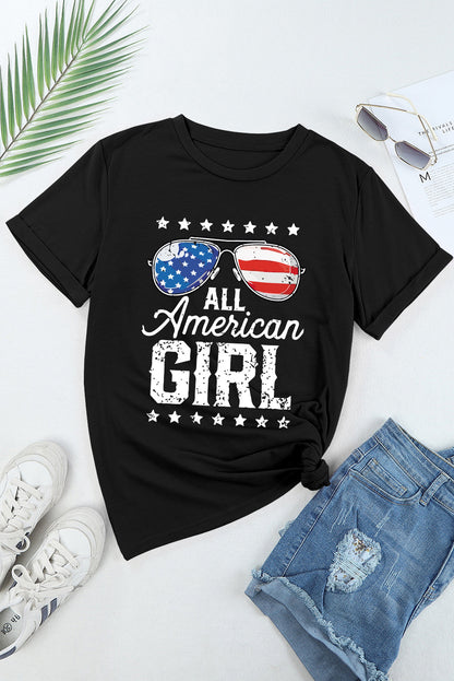 Black Stars and Stripes Glasses Slogan Graphic T Shirt