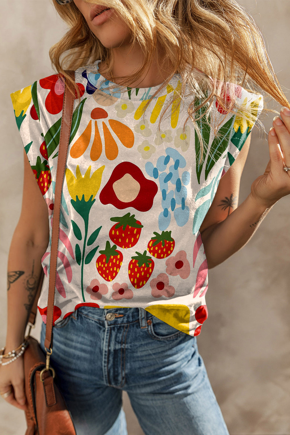 Khaki Fruit & Plant Print Round Neck Cap Sleeve T Shirt