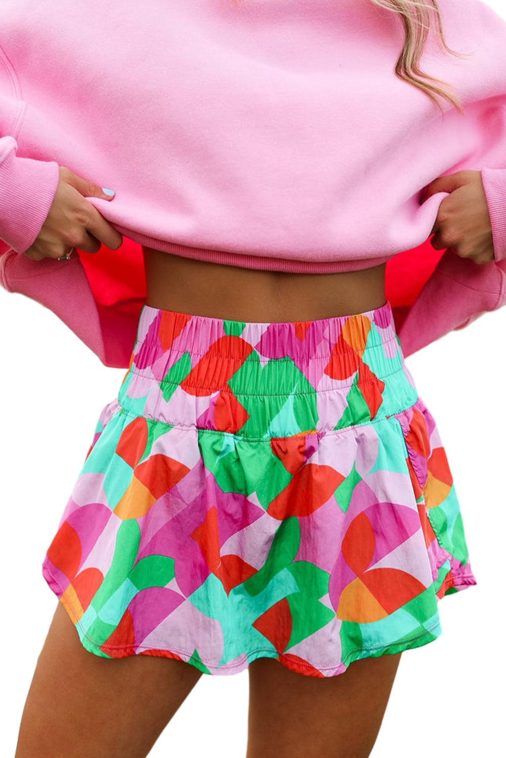 Green Abstract Print Smocked Waist Flared Shorts