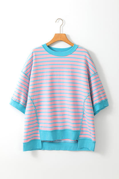 Pink Stripe Colorblock Drop Sleeve Oversized T Shirt