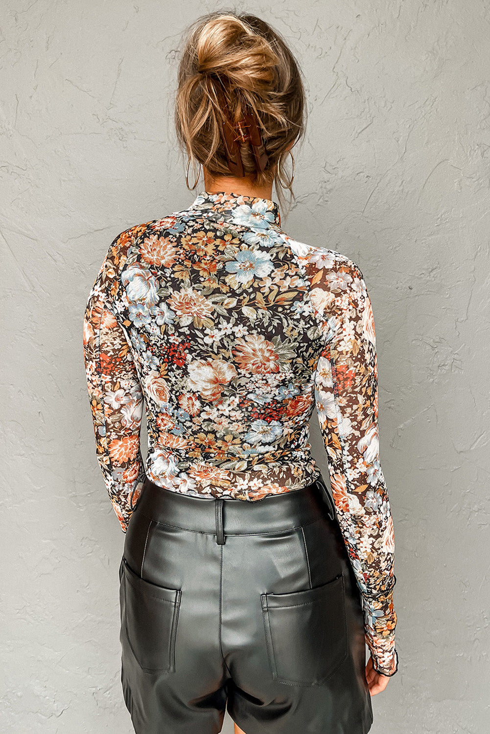 Brown Floral Print Mesh Mock Neck Slim Top
