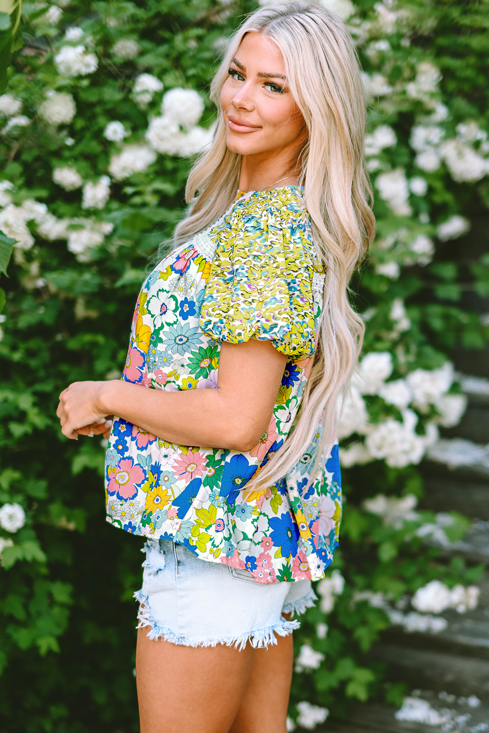 Green Bubble Sleeve Lace Trim Mixed Floral Blouse