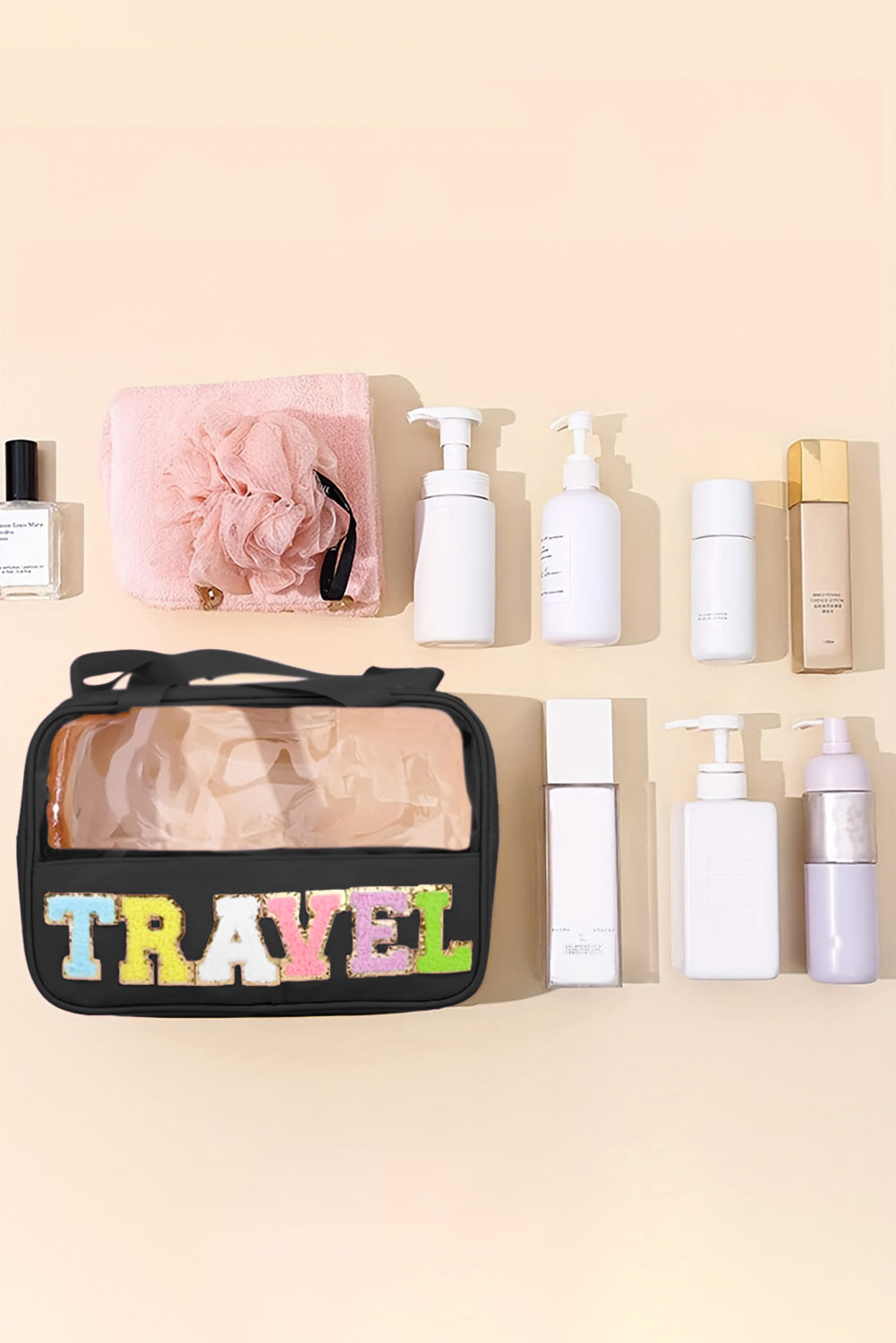 Parchment TRAVEL Letter Print Clear PVC Makeup Bag