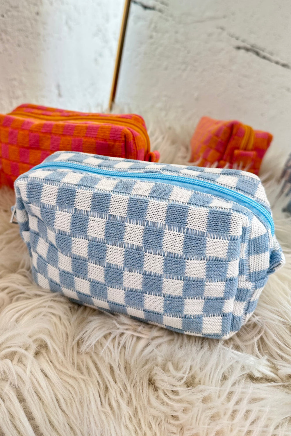 Sky Blue Checkered Knitted Zipper Makeup Bag