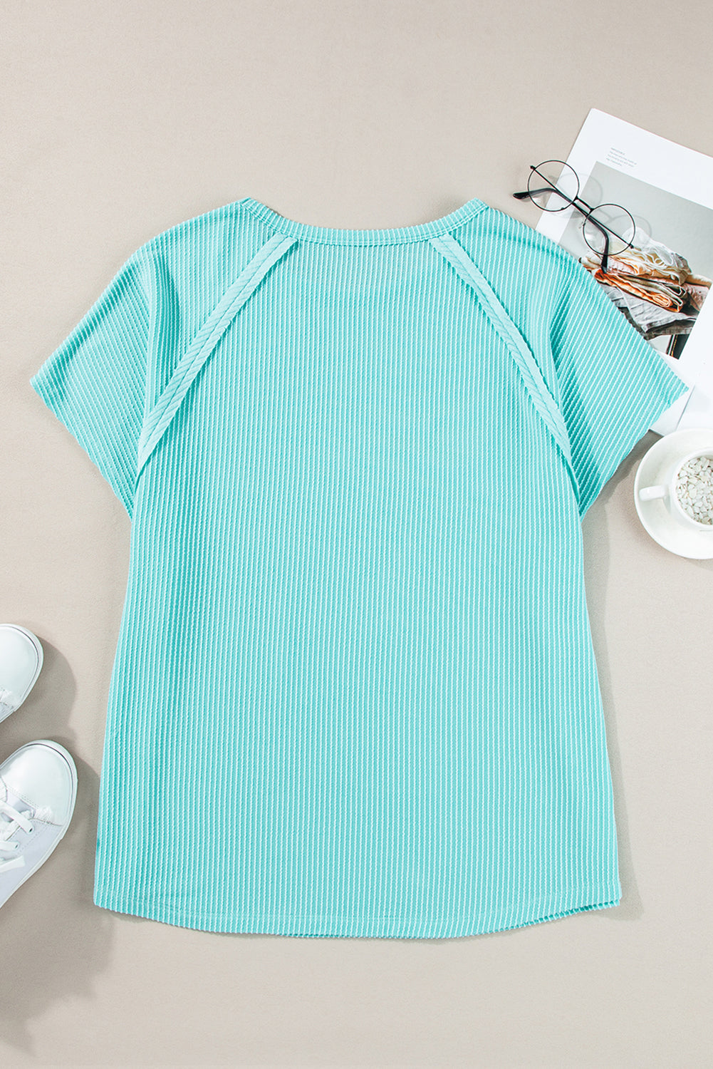 Light Blue Casual Ribbed Exposed Seam Plus Size T Shirt